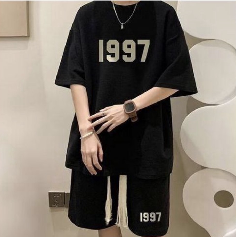 Dou-color men's fashion 1997 short sleeved t-shirt and shorts 2-in-1 set - black