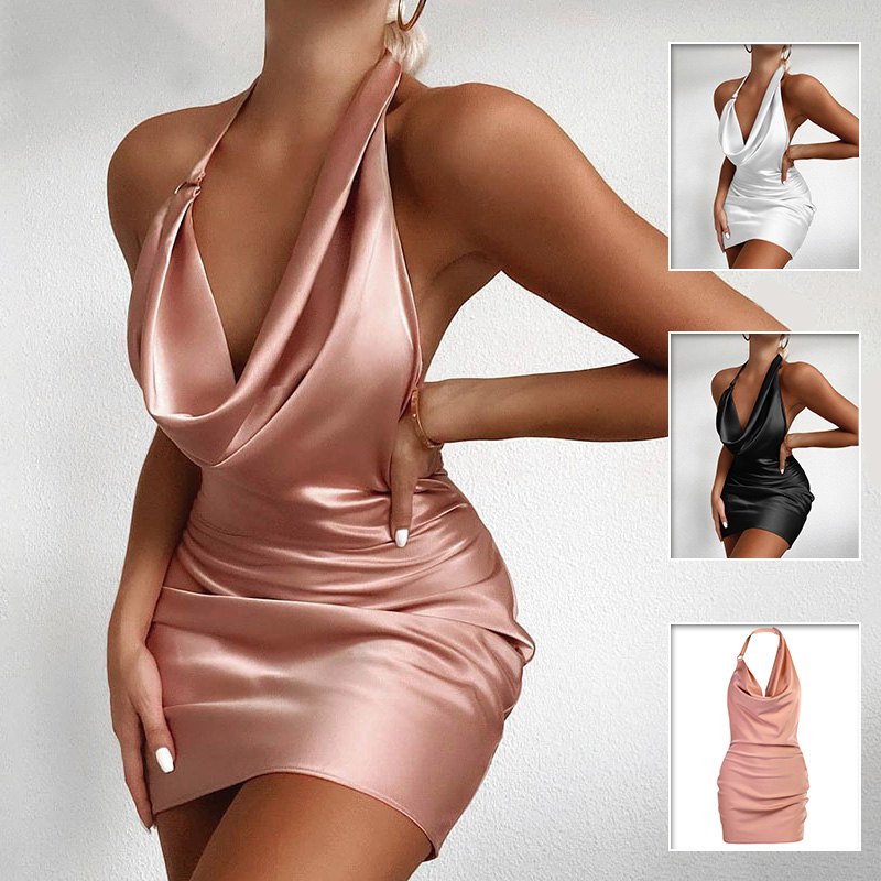 Balfson satin party dress v neck backless mini sleeveless